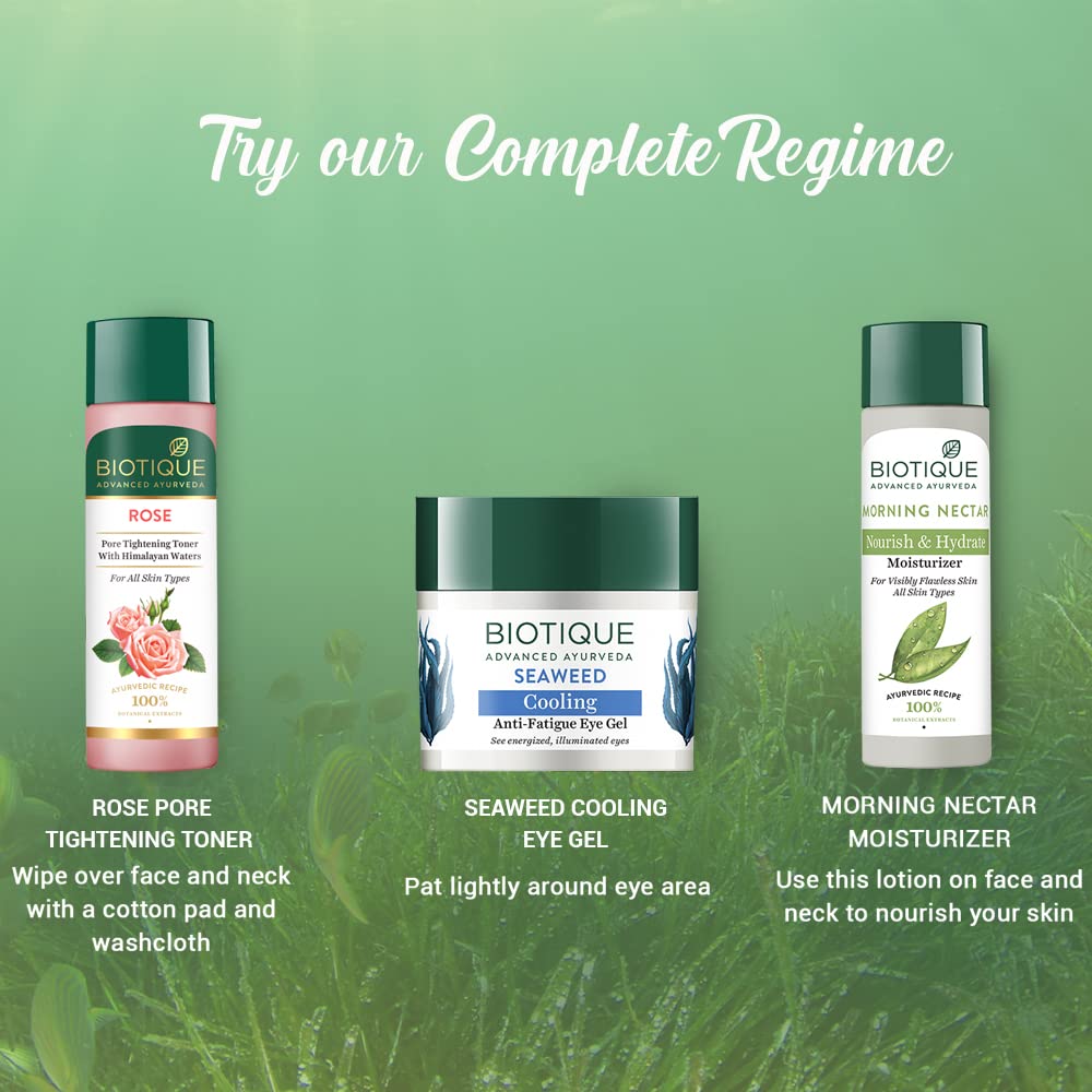 Biotique skincare products with usage instructions on a green background