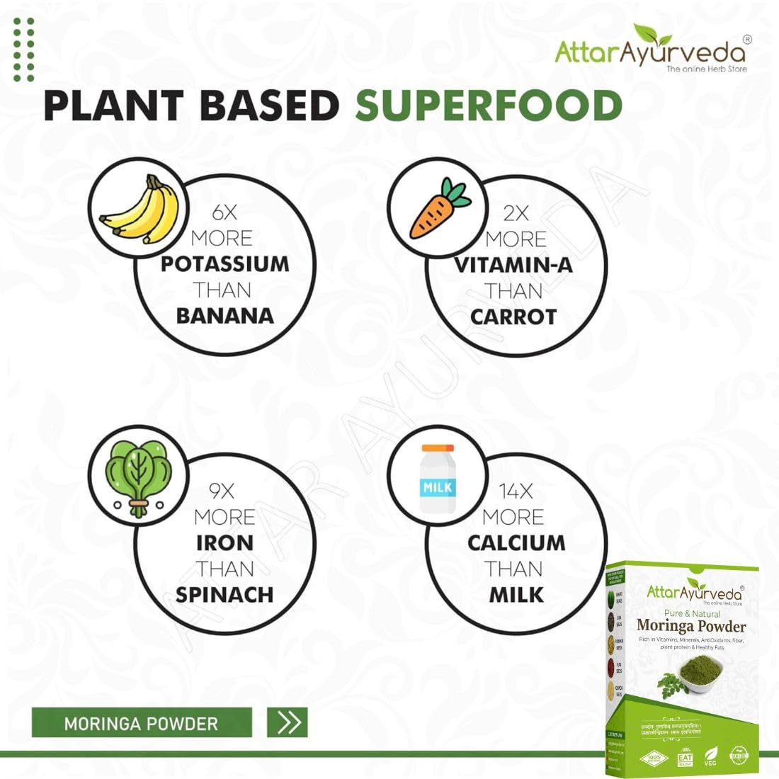 Attar Ayurveda plant-based superfood product with nutritional claims on a white background