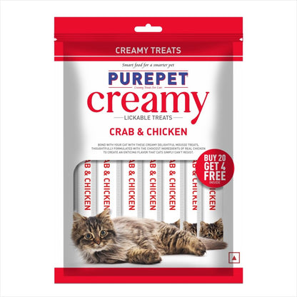Purepet Creamy Lickable Cat Treats(15g x 24 Pieces) 360g | Crab & Chicken Flavour | Rich in Protein | Taurine for Heart & Vision | Ideal for Training | Promotes Hydration| for Kitten & Adult Cats