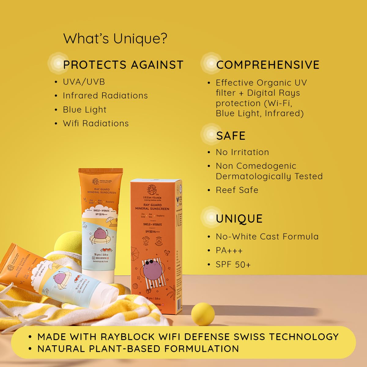 Sunscreen products with features listed on a yellow background