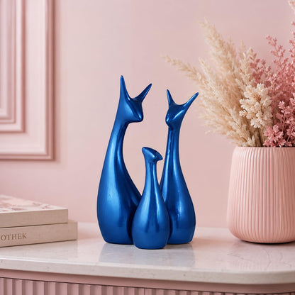 Muted Matte Metallic Blue Home Decor Lucky Deer Family Ceramic Figurine (Set of 3, Blue)