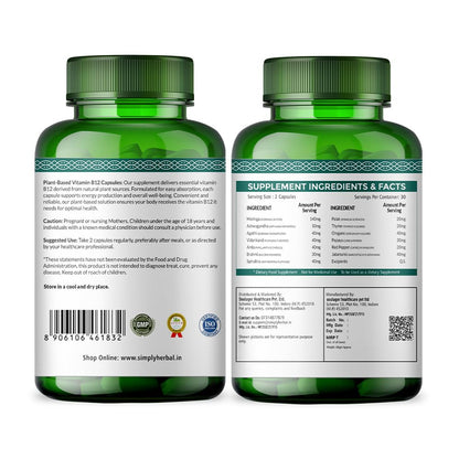Simply Herbal Plant Based Vitamin B12 Capsules Improves Your Brain Function & Nervous System for Men & Women, (60 Capsules)