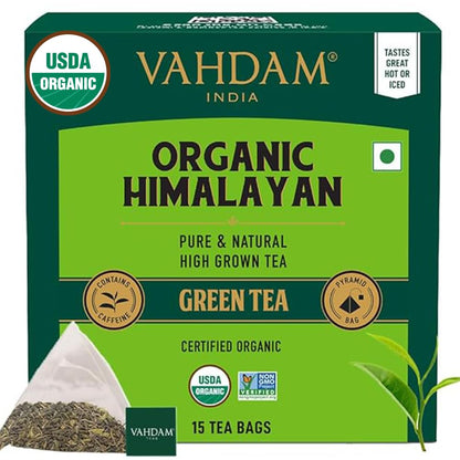 VAHDAM Organic Himalayan Green Tea | 15 Tea Bags | Weight Loss, Stress Relief, Antioxidant-Rich, Low Caffeine | Iced or Hot Brew | Non GMO, Gluten-Free, Naturally High Grown