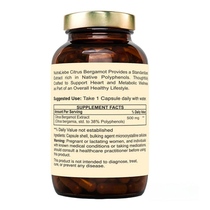 Nutraliebe Citrus Bergamot Extract 500 mg – Citrus bergamia Standardized to 38% Polyphenols | Heart, Cholesterol & Metabolic Health Support | Antioxidant & Detox Formula | 90 Veg Capsules | Non-GMO & Gluten-Free