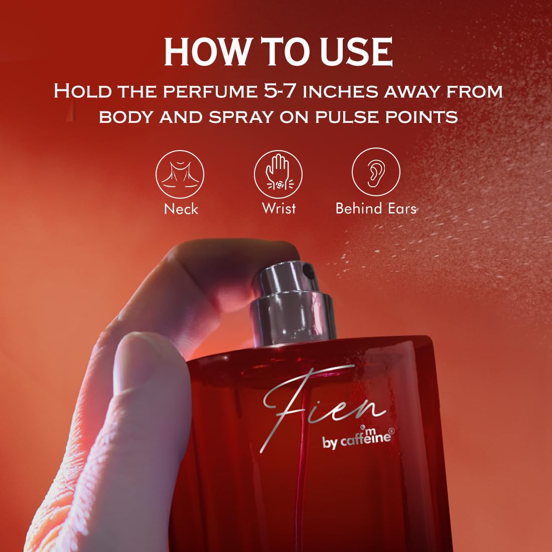 Red perfume bottle with 'Fien by caffeine' branding, held by a hand, on a red background with text on how to use the perfume.