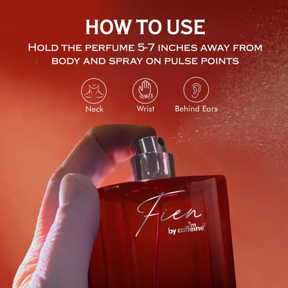 Red perfume bottle with 'Fien by caffeine' branding, held by a hand, on a red background with text on how to use the perfume.