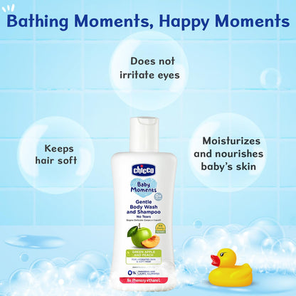 Chicco Baby Moments Gentle Bodywash & Shampoo with Green Apple & Peach, 100ml | Head-to-Toe | No Tears Formula | Hydrated Skin & Hair | Dermatologically Tested | Parabens & Phenoxyethanol Free