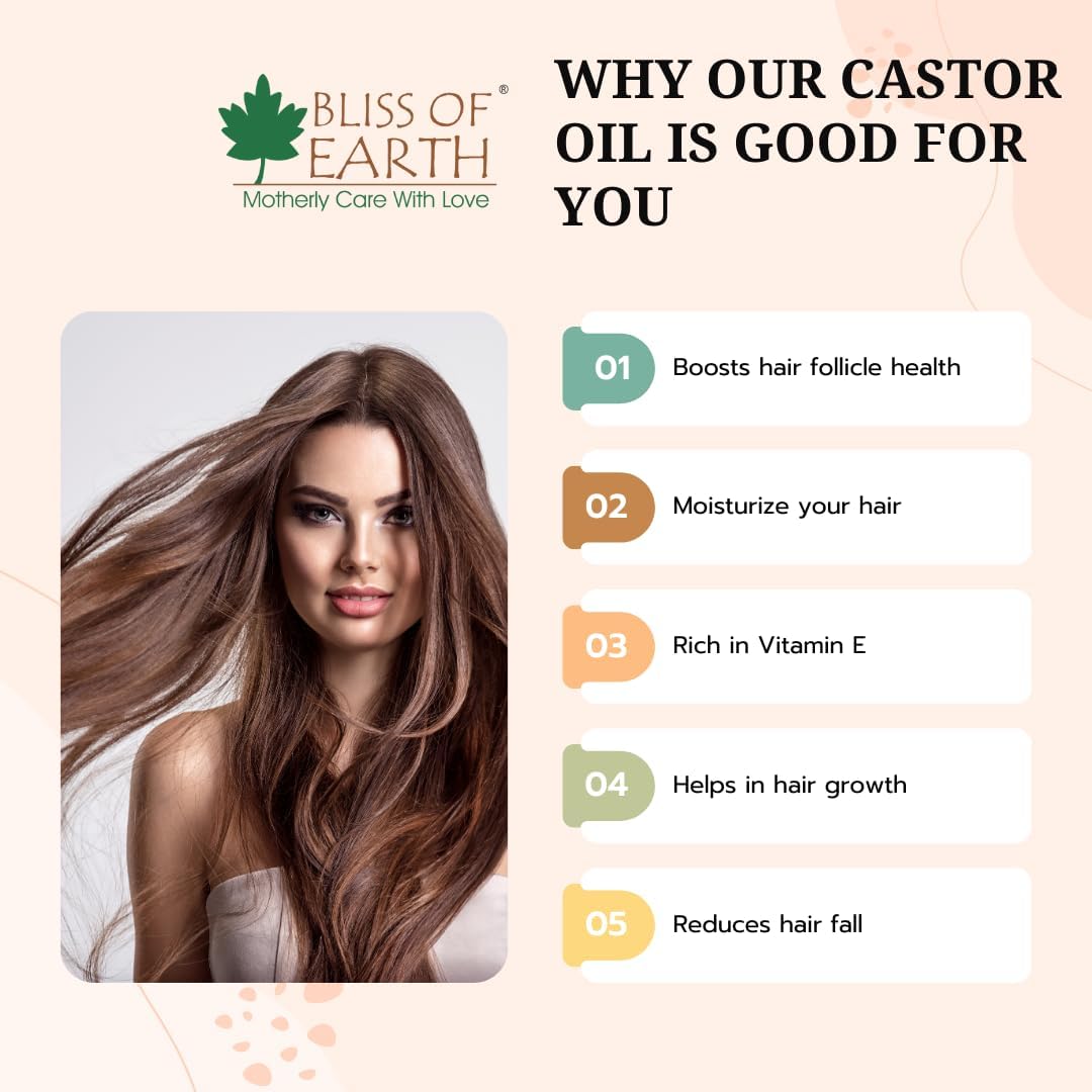 Bliss of Earth Organic Cold Pressed Castor Seed Oil For Hair Growth, Skin & Thicker Eyelashes, Hexane Free Arandi Tel, 100ml