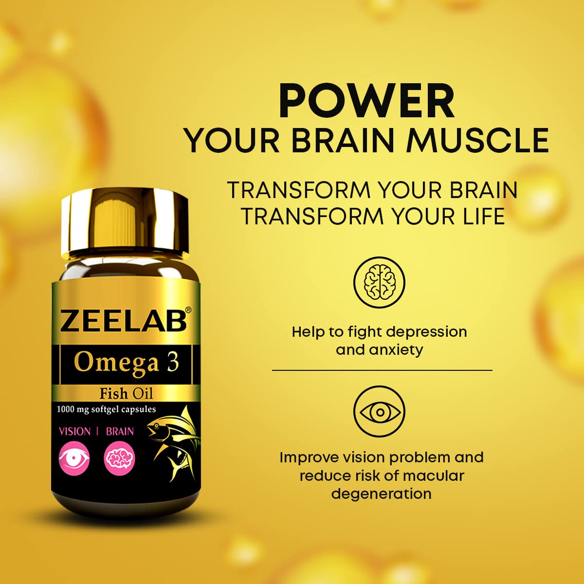 Zeelab Omega 3 Fish Oil bottle on a yellow background with text about brain health benefits.