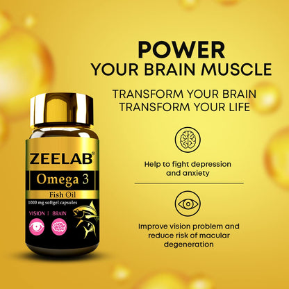 Zeelab Omega 3 Fish Oil bottle on a yellow background with text about brain health benefits.