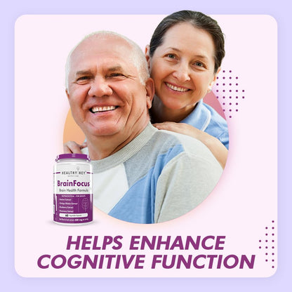 Couple smiling with a supplement bottle labeled 'BrainFocus' on a light purple background