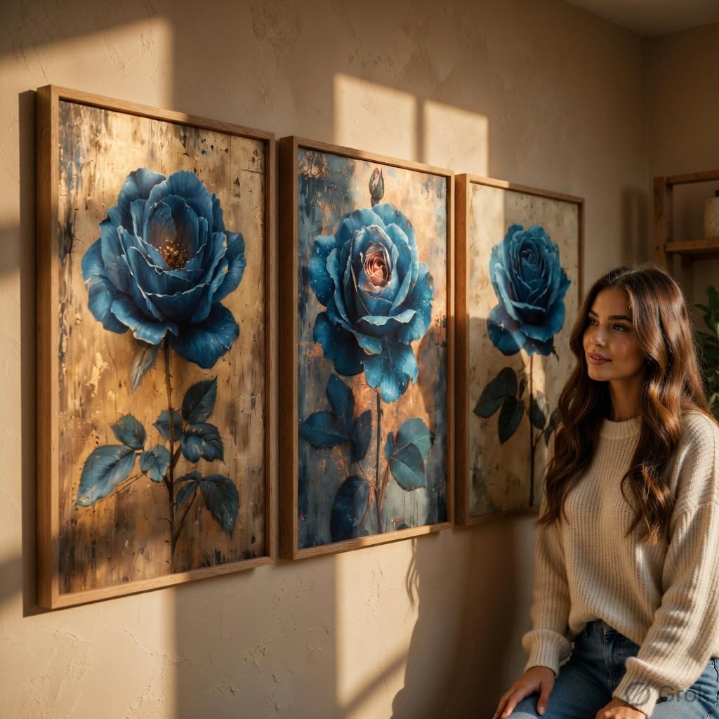 Blue Rose Floral Wall Painting Set of 3 with Wooden Frames | Elegant Botanical Flower Artwork HD Sparkle Laminated MDF Wall Decor | Modern Rose Wall Art for Living Room Bedroom