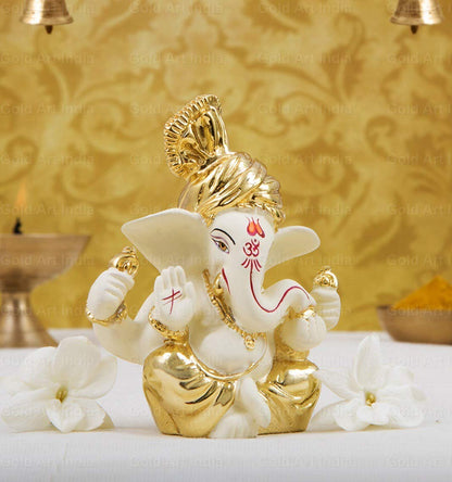 Gold Art India Ceramic Ganesh Idol For Car Dashboard Ganesha Murti Ganpati Idol For Home Decor Puja Lord Ganesh Statue Gift For Office Desk Puja Room Figurine (6x4x3cm, Gold), Religious