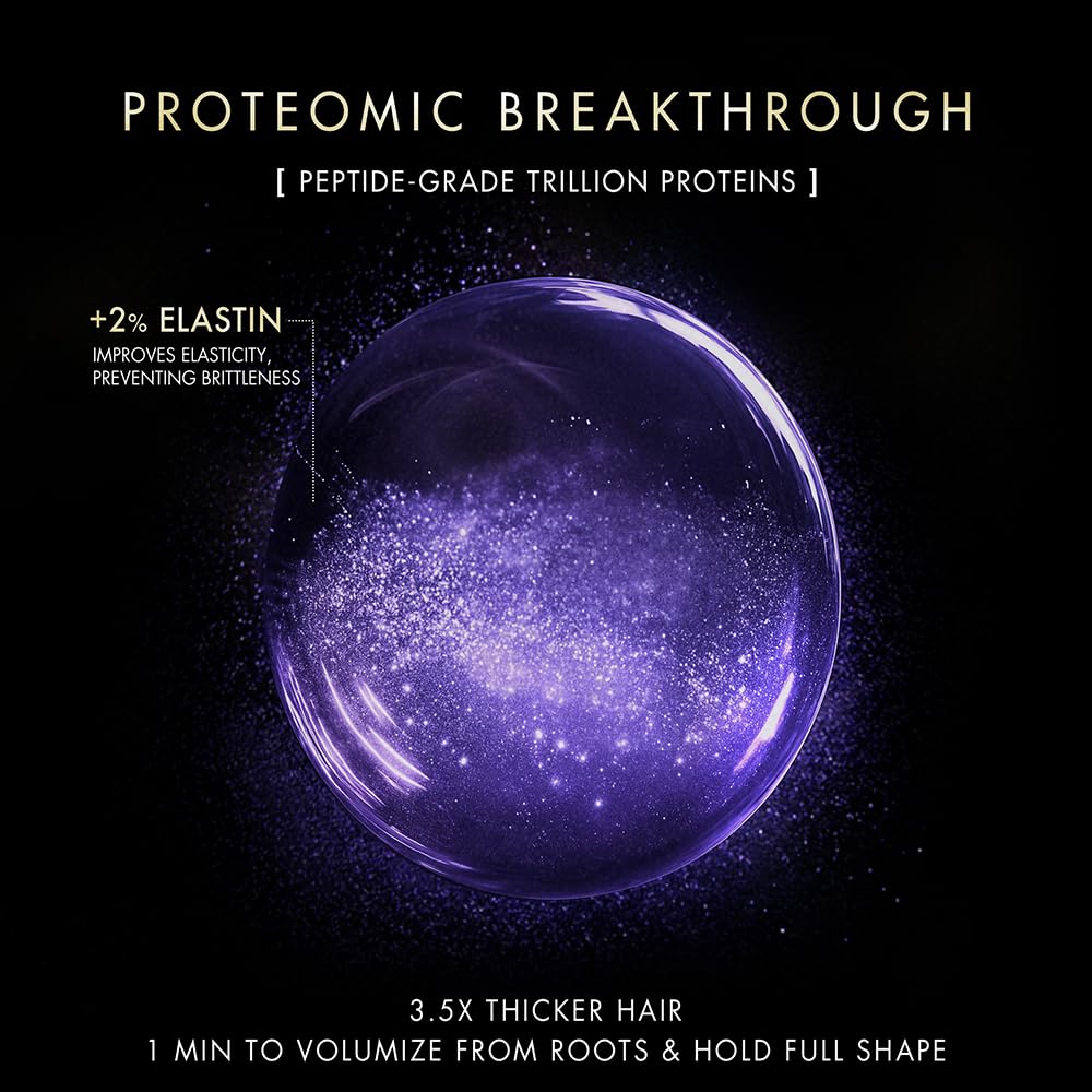 Promotional graphic for proteomic breakthrough with a purple sphere and text on a dark background