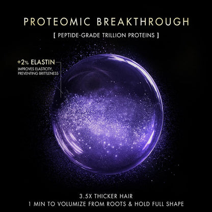 Promotional graphic for proteomic breakthrough with a purple sphere and text on a dark background