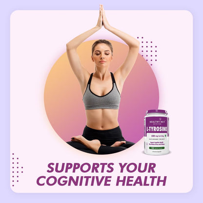 Woman in yoga pose with supplement bottle and text 'Supports your cognitive health' on a gradient background