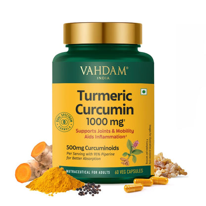 VAHDAM Turmeric Curcumin for Joint Support | 60 Capsules | Piperine & 95% Curcuminoids | Anti Inflammatory Supplement
