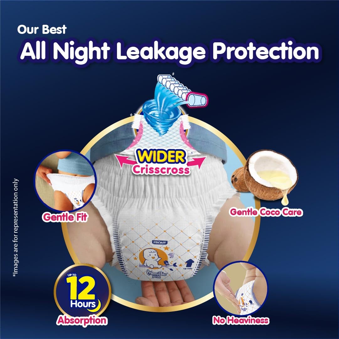 New Mamypoko Pants Premium All Night Absorb| Pant Style Baby Diapers Large Size(L), 62 Count, Ideal for 9-14Kgs|1 Diaper= Upto All Night Absorption now with 10% increased power|Wider Crisscross Sheet|Gentle Coco Care| 12hr Leakage Protection