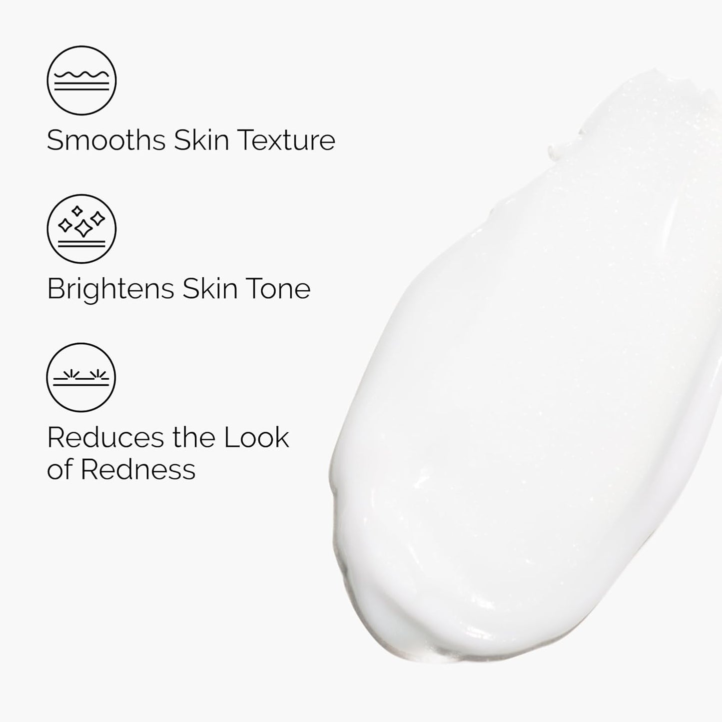 Skincare product with text indicating benefits on a white background