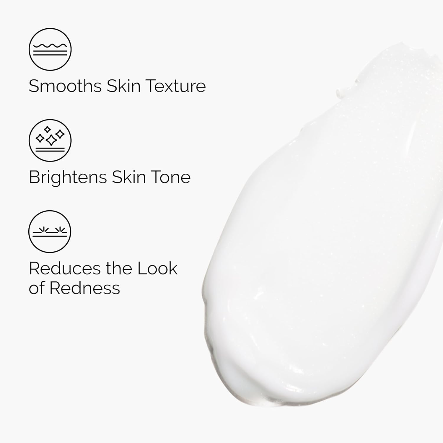 Skincare product with text indicating benefits on a white background