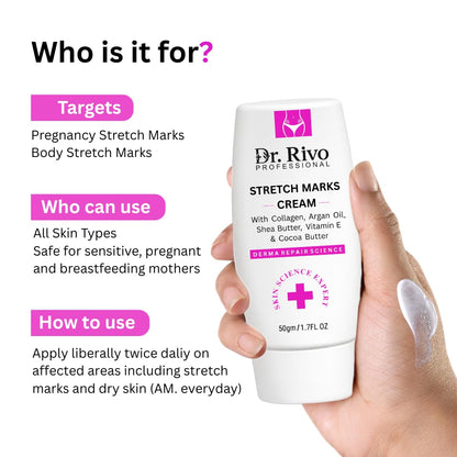 Dr. Rivo Professional Stretch Marks Cream for Women & Men | Pregnancy & Post Pregnancy Stretch Mark Care | Collagen, Shea Butter, Cocoa Butter & Vitamin E | Moisturizing Skin Repair Cream for Belly, Thighs & Hips | 50g