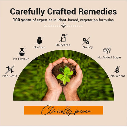 Advertisement for 'Carefully Crafted Remedies' with hands holding a plant, icons, and text about plant-based formulas.