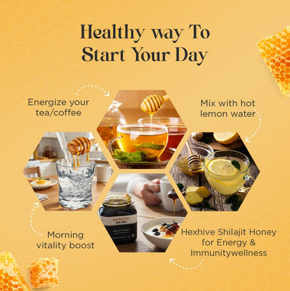Promotional graphic for Hexhive Shilajit Honey with images of honey being added to tea, lemon water, and coffee.