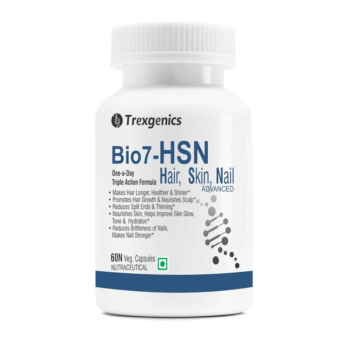 Trexgenics BIO7-HSN HAIR, SKIN & NAILS ONE-A-DAY Advanced Formula, Vegetarian & Gluten Free(60 Veg. Capsules) (Pack of 1)