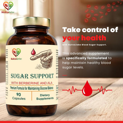 Nutraliebe Premium Blood Sugar Support, Natural Glucose Control with Berberine, Bitter Melon, Cinnamon, 90 Capsules