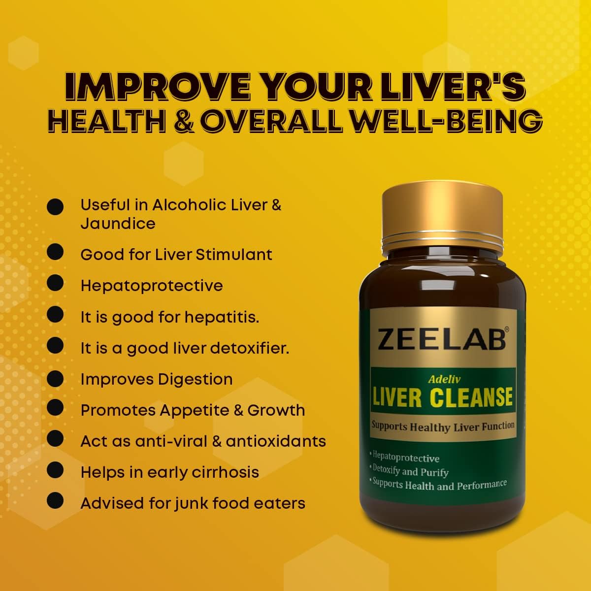 Zeelab Liver Cleanse supplement bottle with health benefits listed on a yellow background