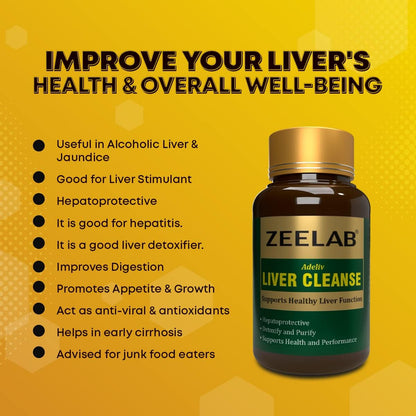 Zeelab Liver Cleanse supplement bottle with health benefits listed on a yellow background