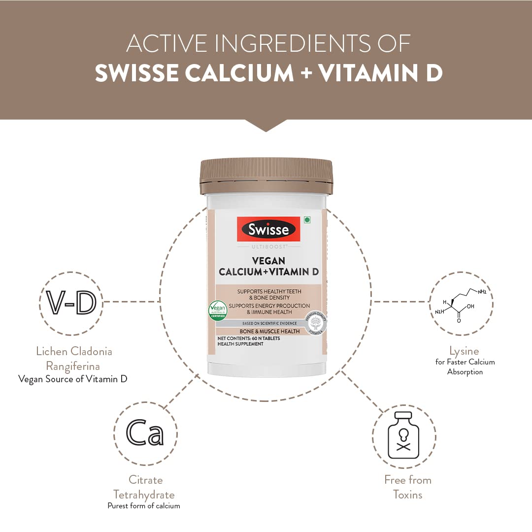 Zephivo Swisse Vegan Calcium + Vitamin D3 for Stronger Bones, Teeth, Muscles & Immunity - 60 Tablets (Manufactured In Australia, Vegan Source Calcium Supplement For Higher Absorption)