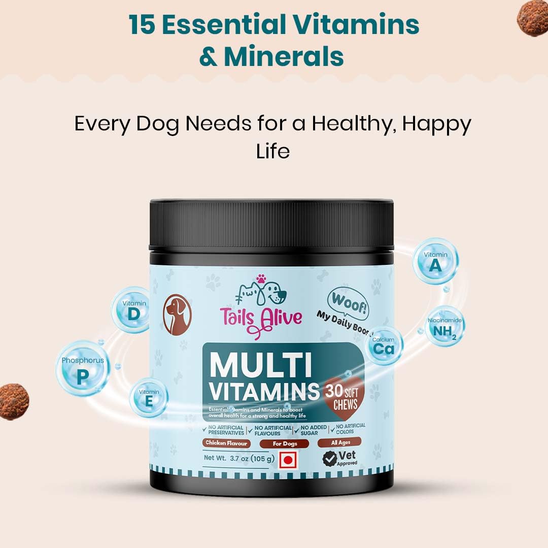 TailsAlive 15-in-1 Multivitamin Soft Chew Supplements for Dogs | Daily Vitamins & Minerals for Immunity, Energy & Growth | Cold-Pressed, Vet Approved | Chicken Flavour | For All Breeds - 30 Soft Chews