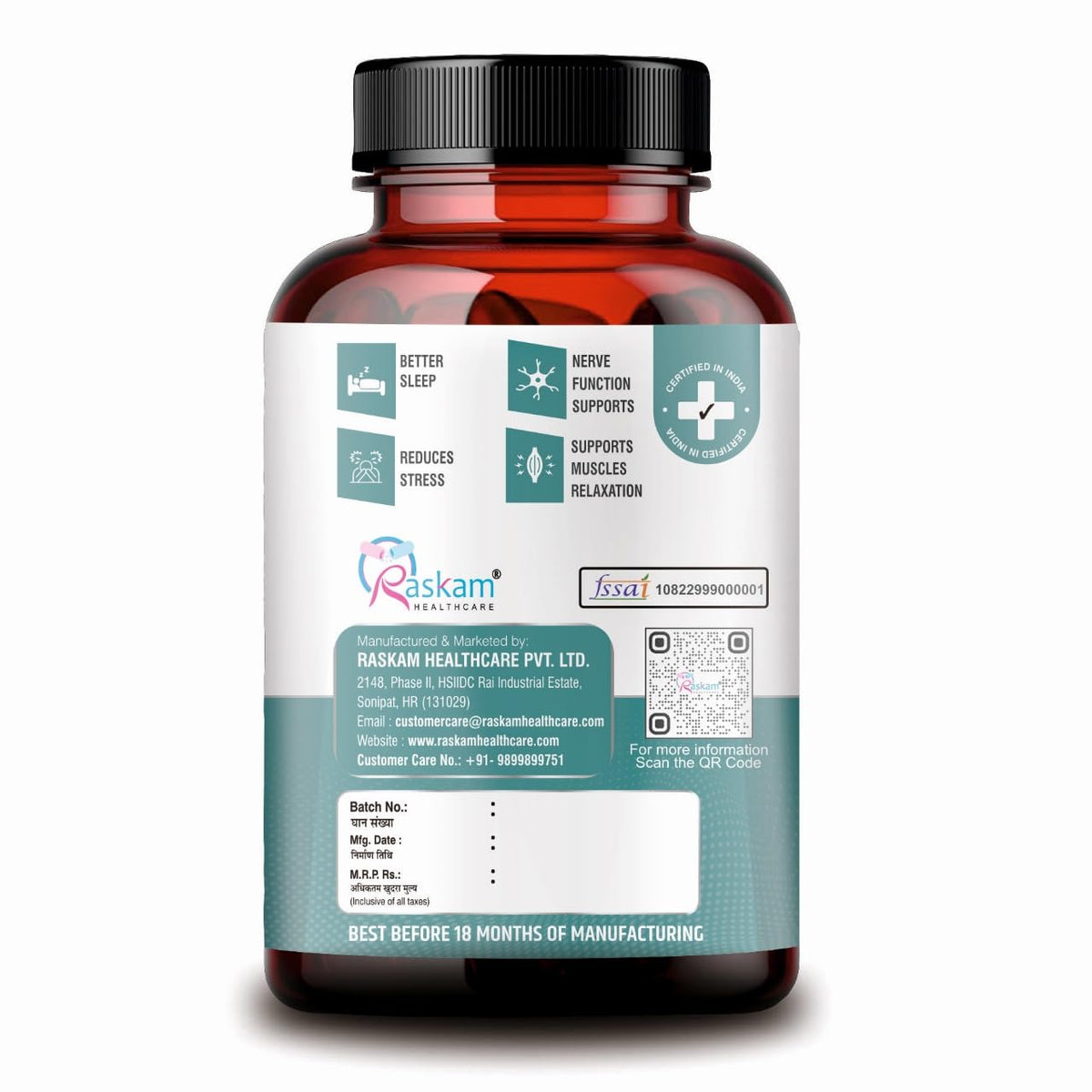 Bottle of Raskam Healthcare supplement with label on a white background