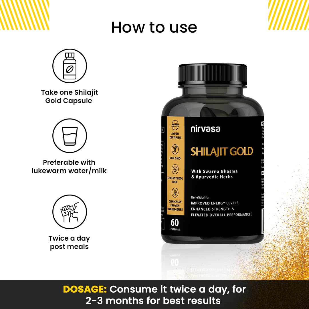 Nirvasa Shilajit Gold Capsules (60) | 100% Pure Himalayan Shilajeet with 24K Gold | Boosts Strength, Stamina, Energy & Performance | Vitality & Immunity | Gokshura, Akarkara & Safed Musli