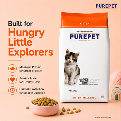 Purepet Kitten Dry Cat Food 1.2kg Pack | Mackerel Flavour | Active Behaviour | Hairball Control |Urinary Tract Health | Nutrient Rich | Minerals