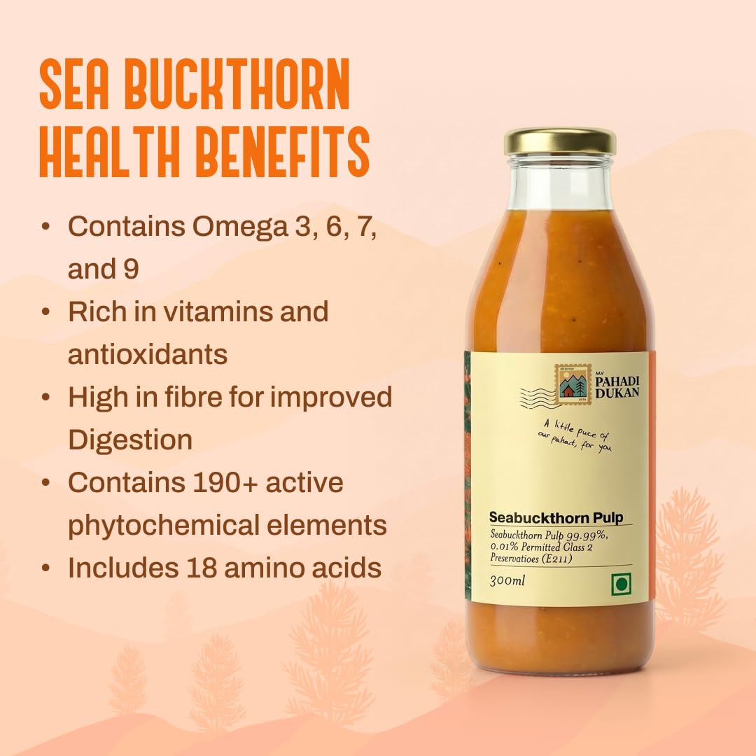 My Pahadi Dukan Himalayan Sea Buckthorn Pulp 300ml, Wild Berries, Rich in Omega 3 6 7 9 & Vitamin C, Herbal Seabuckthorn Juice, Supports Immunity, Skin & Gut Health, Lab Tested, Cold Pressed