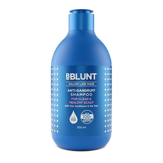 Blue shampoo bottle with 'BBlunt' branding on a white background