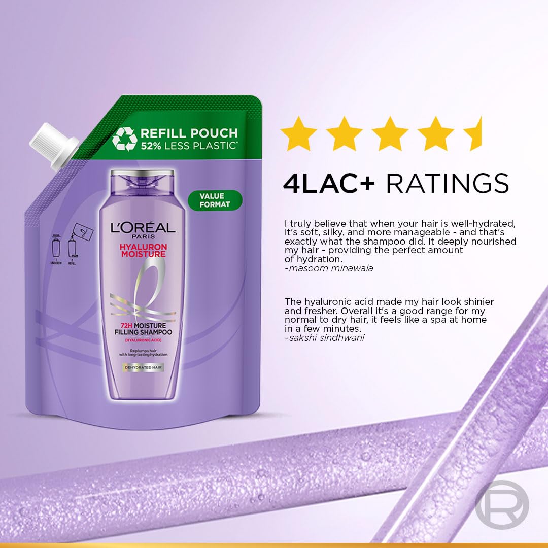 L'Oreal Paris Hydrate Moisture shampoo packaging with a 4LAC+ rating on a purple background