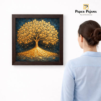 Golden Tree Kalpvriksh Gold Coin Vastu Money Magnet Prosperity Spiritual Wealth White Framed Poster Artwork Decor Painting