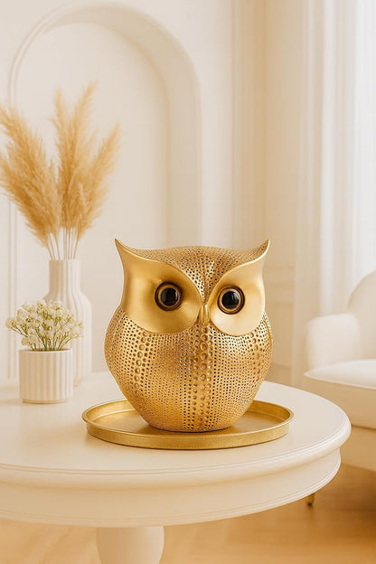 Modern Classy Lucky Owl Resin Art Figure Showpiece (Golden), 1 Piece