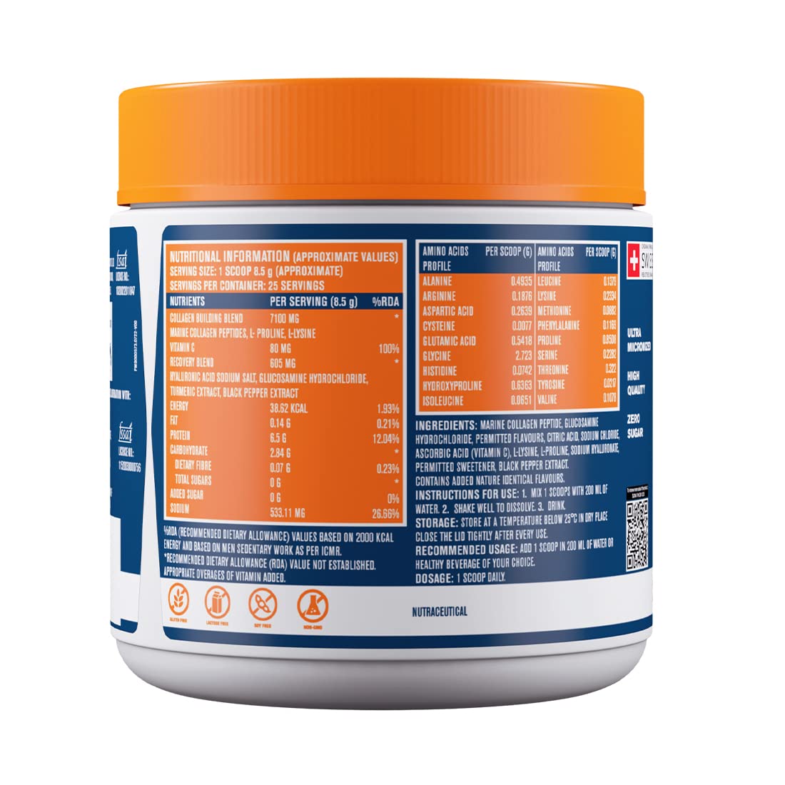 Supplement container with nutritional information label on a white background