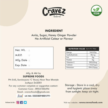 cravez Dried Honey Ginger Amla Candy | Adarak Amla | Low Processed Amla, Natural, No Preservative | No Artificial Colour Used (Amla)