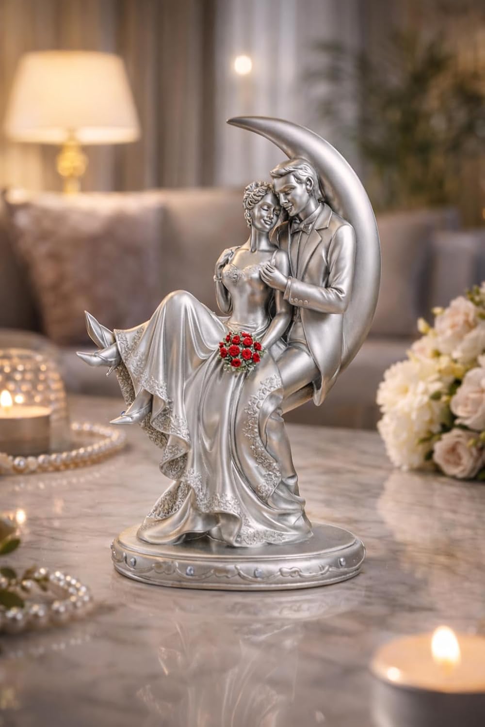 Romantic Loving Couple Showpiece for Valentines, Birthday, Wedding Gifts Decorative Showpiece - 20 cm (Polyresin, Silver)