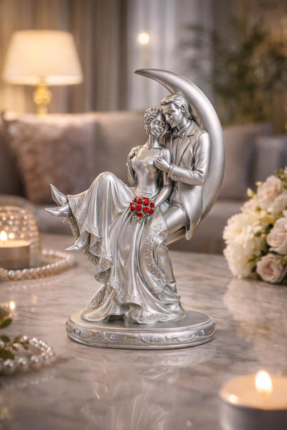 Romantic Loving Couple Showpiece for Valentines, Birthday, Wedding Gifts Decorative Showpiece - 20 cm (Polyresin, Silver)