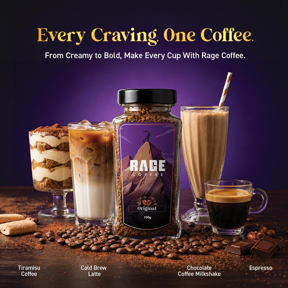 Rage Coffee Original Coffee Blend 100% Pure Arabica Beans | Instant Coffee for Smooth Aroma & taste, Hot and cold coffee) (Original Unique Blend, 100g)