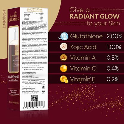 Simply Herbal Organics L Glutathione Face Cream with Vitamin A, C & E for All Skin Type, Anti Aging, Dark Spots removal, Skin Radiance, Pigmentation and Skin Care Cream, 50gm