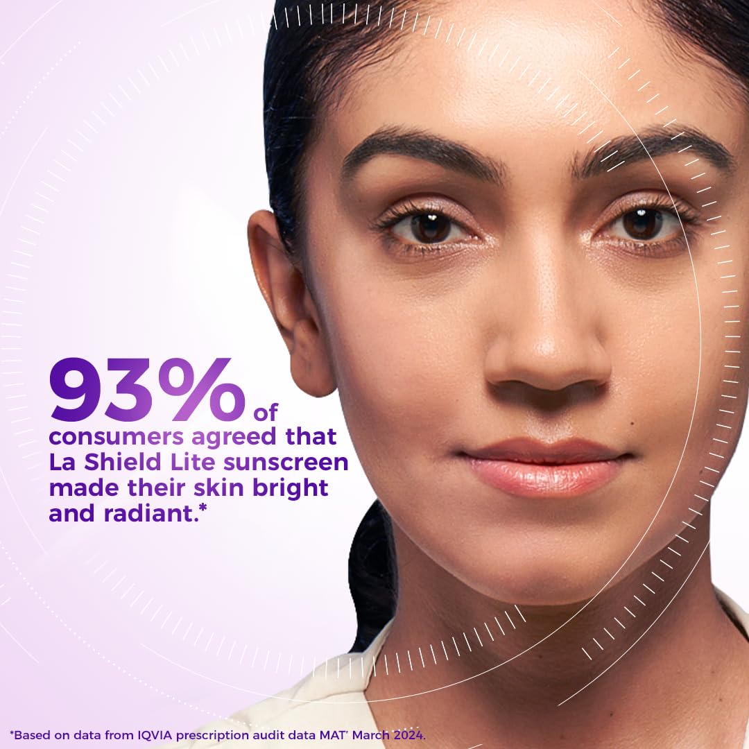 Advertisement for La Shield Lite sunscreen showing a woman's face with text about consumer agreement.