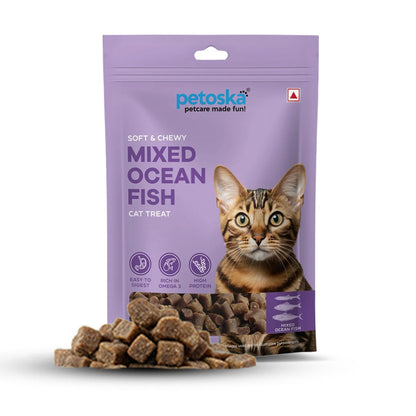 Petoska Mixed Ocean Fish Cat Treats – 100g | Air-Dried Sardine, Mackerel & Anchovy Bites with Taurine & Omega-3 | Chewy | High-Protein Digestion & Reproductive Support| Kittens & Adult Cats