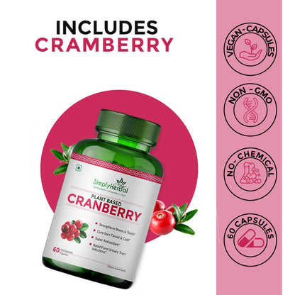 Simply Herbal D Mannose Cranberry Capsules 800 MG Supplement With Powerful Probiotics & Anti-oxidants Promotes Urinary Tract Health, Strong Bones & Teeth For Women & Men (60 Capsules)